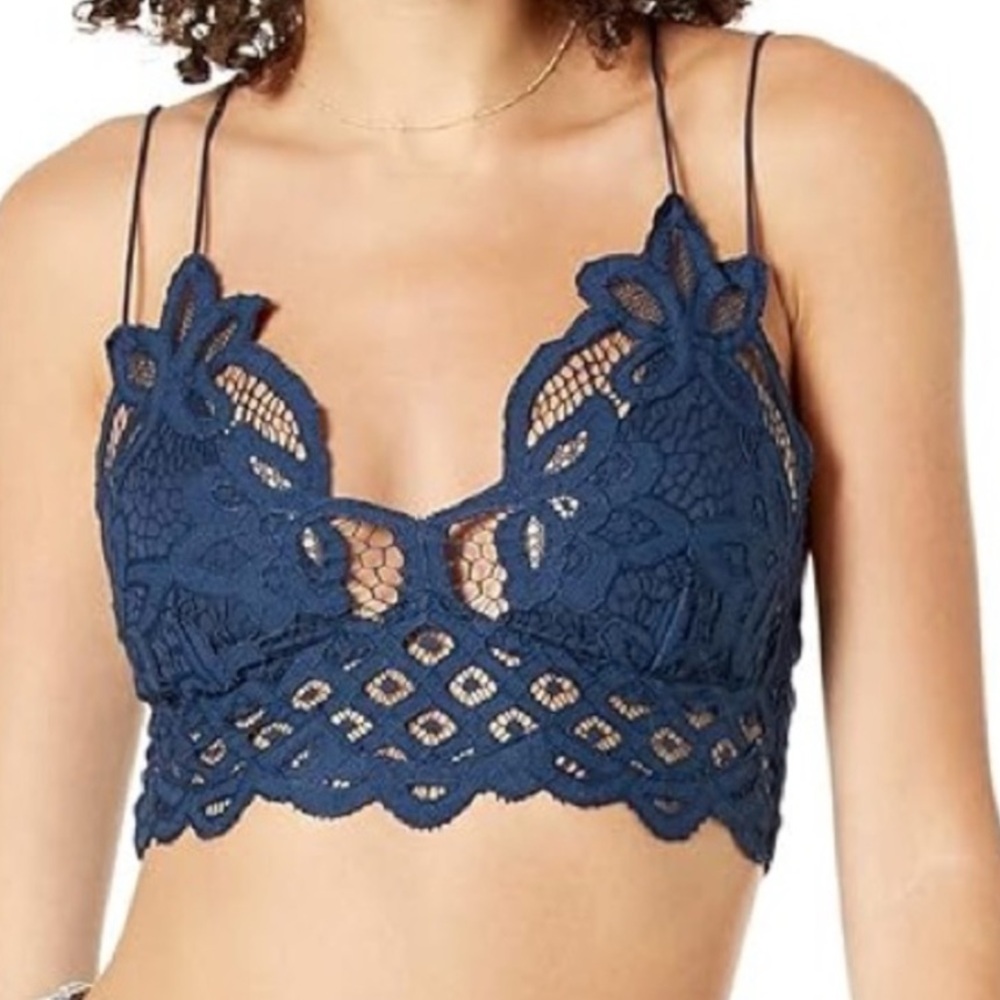 Free People Adella lace Bralette Navy Blue crop top spaghetti straps S